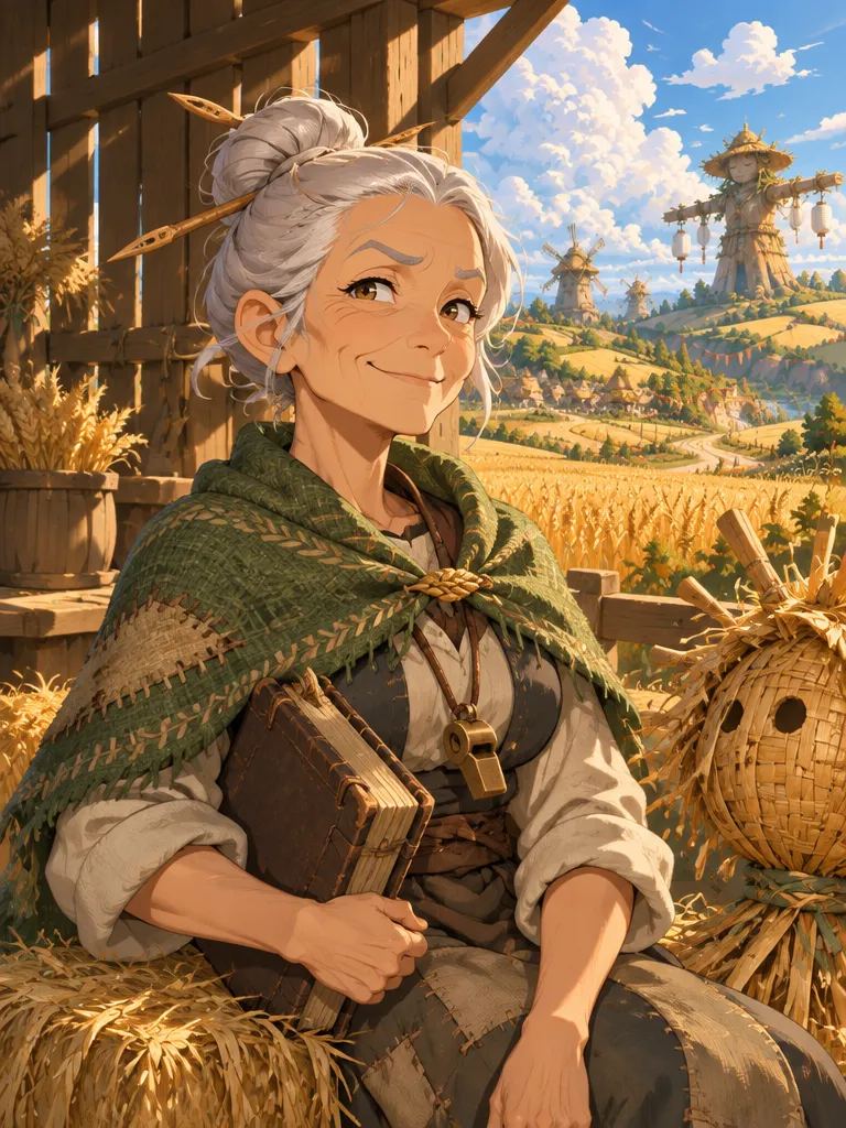 Granny Sedge berambut putih duduk di atas bal jerami di lumbung, memeluk buku catatan tebal, kepala orang-orangan setengah jadi di sebelahnya.