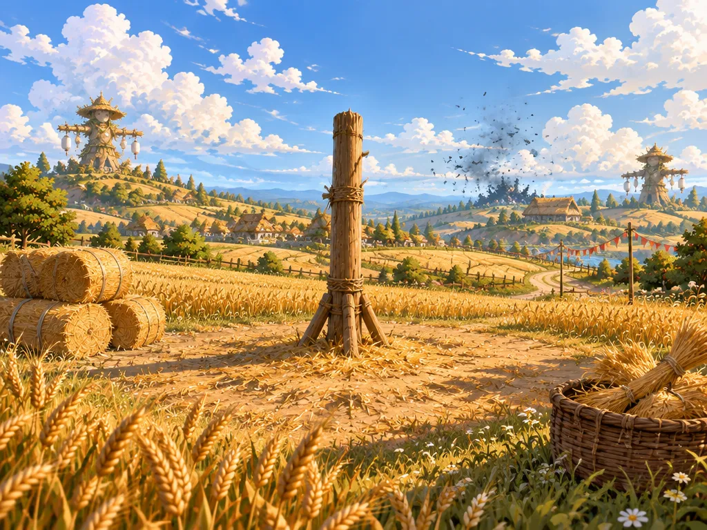 Ladang penjaga di lereng bukit sore hari, tiang kayu di tengah gandum, keranjang ikatan jerami di kanan bawah.